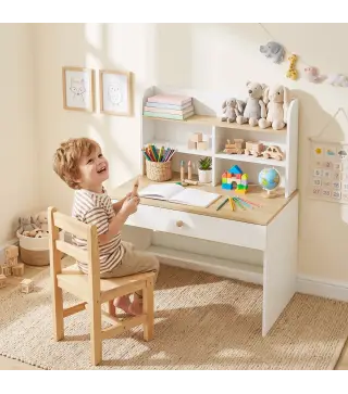 Escritorio Infantil con Estante 3 Compartimentos Abiertos y Cajón para Estudio Entrada 3-8 Años 80x50x100 cm Blanco