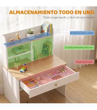 Escritorio Infantil con Estante 3 Compartimentos Abiertos y Cajón para Estudio Entrada 3-8 Años 80x50x100 cm Blanco