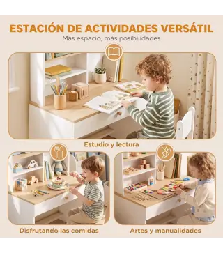 Escritorio Infantil con Estante 3 Compartimentos Abiertos y Cajón para Estudio Entrada 3-8 Años 80x50x100 cm Blanco