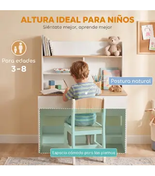 Escritorio Infantil con Estante 3 Compartimentos Abiertos y Cajón para Estudio Entrada 3-8 Años 80x50x100 cm Blanco