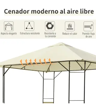 Cenador de Jardín 3x3x2,6 m Pabellón de Exterior con Marco de Acero 8 Orificios de Drenaje Impermeable Crema