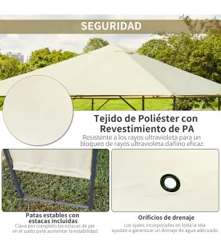 Cenador de Jardín 3x3x2,6 m Pabellón de Exterior con Marco de Acero 8 Orificios de Drenaje Impermeable Crema