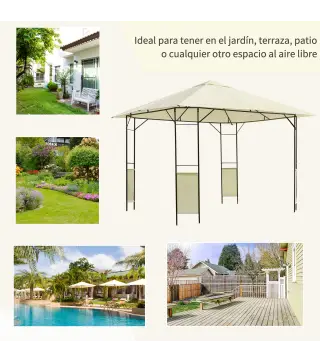 Cenador de Jardín 3x3x2,6 m Pabellón de Exterior con Marco de Acero 8 Orificios de Drenaje Impermeable Crema