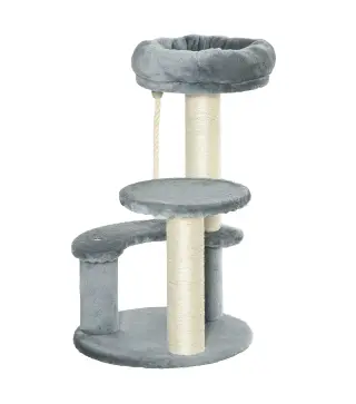 Árbol Rascador para Gato Ø40x65 cm con 3 niveles y Cuerda Colgante Plataformas y Postes con Cuerda de Sisal Natural Gris