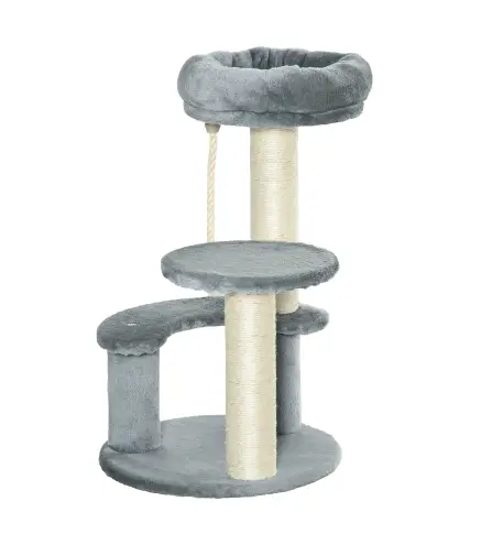 Árbol Rascador para Gato Ø40x65 cm con 3 niveles y Cuerda Colgante Plataformas y Postes con Cuerda de Sisal Natural Gris