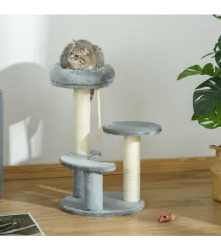 Árbol Rascador para Gato Ø40x65 cm con 3 niveles y Cuerda Colgante Plataformas y Postes con Cuerda de Sisal Natural Gris
