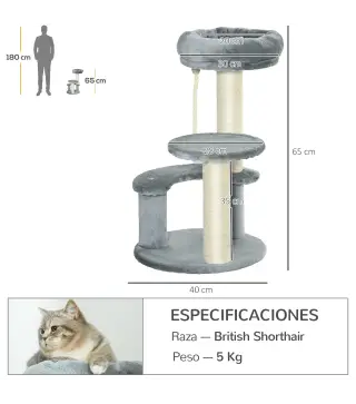 Árbol Rascador para Gato Ø40x65 cm con 3 niveles y Cuerda Colgante Plataformas y Postes con Cuerda de Sisal Natural Gris