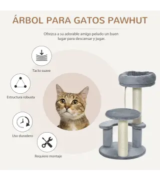 Árbol Rascador para Gato Ø40x65 cm con 3 niveles y Cuerda Colgante Plataformas y Postes con Cuerda de Sisal Natural Gris