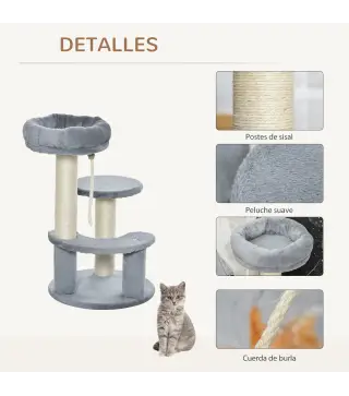 Árbol Rascador para Gato Ø40x65 cm con 3 niveles y Cuerda Colgante Plataformas y Postes con Cuerda de Sisal Natural Gris