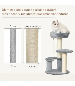 Árbol Rascador para Gato Ø40x65 cm con 3 niveles y Cuerda Colgante Plataformas y Postes con Cuerda de Sisal Natural Gris