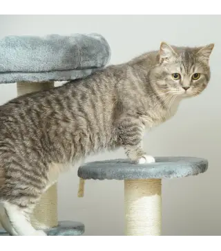 Árbol Rascador para Gato Ø40x65 cm con 3 niveles y Cuerda Colgante Plataformas y Postes con Cuerda de Sisal Natural Gris
