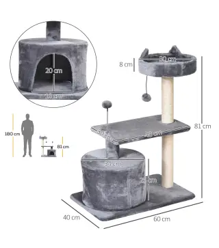 Árbol Rascador para Gatos 81 cm Torre para Gatos con Cama Plataforma Refugio Poste de Sisal y Bolas 60x40x81 cm Gris