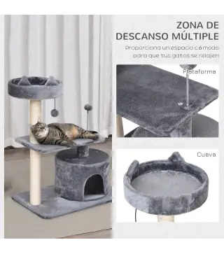 Árbol Rascador para Gatos 81 cm Torre para Gatos con Cama Plataforma Refugio Poste de Sisal y Bolas 60x40x81 cm Gris