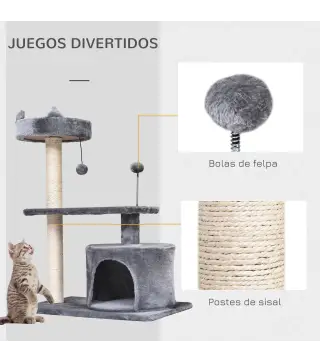 Árbol Rascador para Gatos 81 cm Torre para Gatos con Cama Plataforma Refugio Poste de Sisal y Bolas 60x40x81 cm Gris