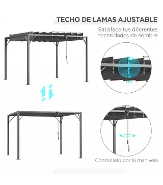 Cenador de Jardín 3x3 m con Diseño de Lamas Superior Giratorio hasta 135° Protección UV 50+ y Marco de Aluminio Gris