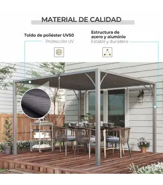 Cenador de Jardín 3x3 m con Diseño de Lamas Superior Giratorio hasta 135° Protección UV 50+ y Marco de Aluminio Gris