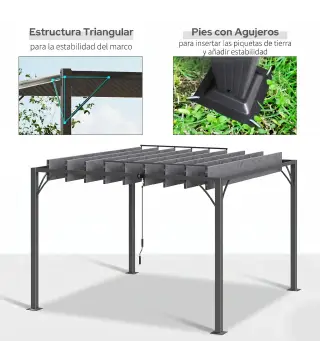Cenador de Jardín 3x3 m con Diseño de Lamas Superior Giratorio hasta 135° Protección UV 50+ y Marco de Aluminio Gris