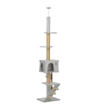 Árbol para Gatos de Suelo a Techo de 225-255 cm con Altura Ajustable Múltiples Plataformas Escalera Bola Colgante Gris