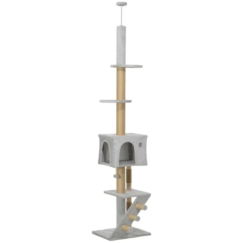 Árbol para Gatos de Suelo a Techo de 225-255 cm con Altura Ajustable Múltiples Plataformas Escalera Bola Colgante Gris