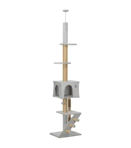 Árbol para Gatos de Suelo a Techo de 225-255 cm con Altura Ajustable Múltiples Plataformas Escalera Bola Colgante Gris