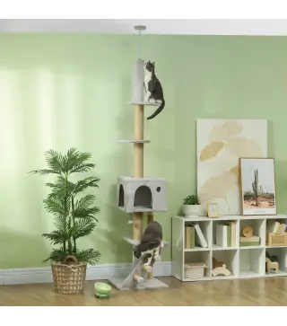 Árbol para Gatos de Suelo a Techo de 225-255 cm con Altura Ajustable Múltiples Plataformas Escalera Bola Colgante Gris