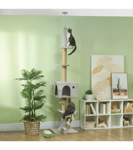 Árbol para Gatos de Suelo a Techo de 225-255 cm con Altura Ajustable Múltiples Plataformas Escalera Bola Colgante Gris