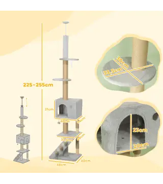 Árbol para Gatos de Suelo a Techo de 225-255 cm con Altura Ajustable Múltiples Plataformas Escalera Bola Colgante Gris