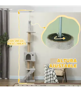 Árbol para Gatos de Suelo a Techo de 225-255 cm con Altura Ajustable Múltiples Plataformas Escalera Bola Colgante Gris
