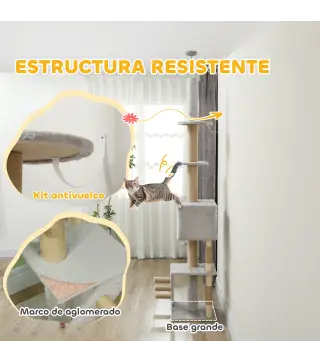 Árbol para Gatos de Suelo a Techo de 225-255 cm con Altura Ajustable Múltiples Plataformas Escalera Bola Colgante Gris