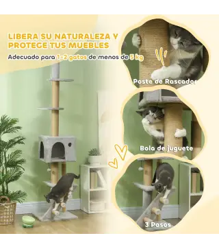 Árbol para Gatos de Suelo a Techo de 225-255 cm con Altura Ajustable Múltiples Plataformas Escalera Bola Colgante Gris