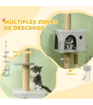 Árbol para Gatos de Suelo a Techo de 225-255 cm con Altura Ajustable Múltiples Plataformas Escalera Bola Colgante Gris