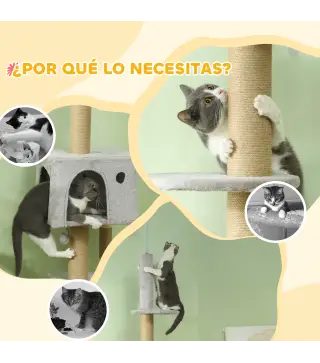 Árbol para Gatos de Suelo a Techo de 225-255 cm con Altura Ajustable Múltiples Plataformas Escalera Bola Colgante Gris