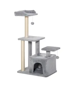 Árbol Rascador para Gatos Altura 114 cm con Postes de Sisal 3 Plataformas Casita y 2 Bolas Colgantes Gris Claro