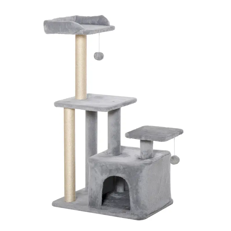 Árbol Rascador para Gatos Altura 114 cm con Postes de Sisal 3 Plataformas Casita y 2 Bolas Colgantes Gris Claro