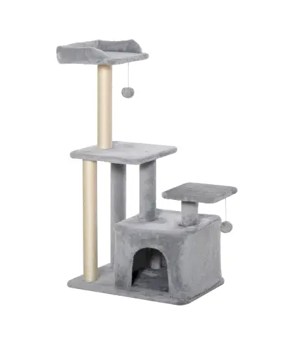 Árbol Rascador para Gatos Altura 114 cm con Postes de Sisal 3 Plataformas Casita y 2 Bolas Colgantes Gris Claro