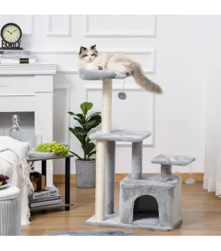 Árbol Rascador para Gatos Altura 114 cm con Postes de Sisal 3 Plataformas Casita y 2 Bolas Colgantes Gris Claro