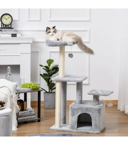 Árbol Rascador para Gatos Altura 114 cm con Postes de Sisal 3 Plataformas Casita y 2 Bolas Colgantes Gris Claro