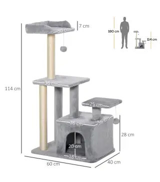 Árbol Rascador para Gatos Altura 114 cm con Postes de Sisal 3 Plataformas Casita y 2 Bolas Colgantes Gris Claro