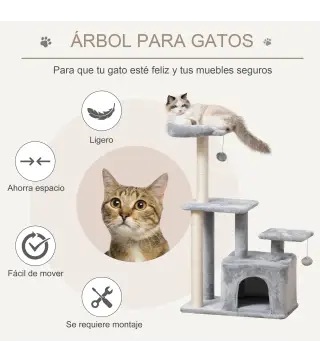 Árbol Rascador para Gatos Altura 114 cm con Postes de Sisal 3 Plataformas Casita y 2 Bolas Colgantes Gris Claro