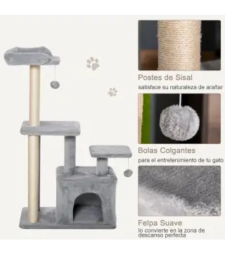 Árbol Rascador para Gatos Altura 114 cm con Postes de Sisal 3 Plataformas Casita y 2 Bolas Colgantes Gris Claro