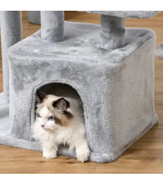 Árbol Rascador para Gatos Altura 114 cm con Postes de Sisal 3 Plataformas Casita y 2 Bolas Colgantes Gris Claro