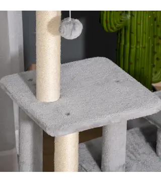 Árbol Rascador para Gatos Altura 114 cm con Postes de Sisal 3 Plataformas Casita y 2 Bolas Colgantes Gris Claro