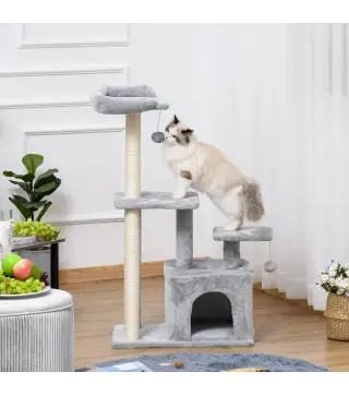 Árbol Rascador para Gatos Altura 114 cm con Postes de Sisal 3 Plataformas Casita y 2 Bolas Colgantes Gris Claro