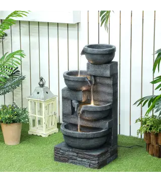 Fuente de Jardín con Iluminación LED Fuente Decorativa en Cascada de 4 Niveles 38x35x78,5 cm Gris