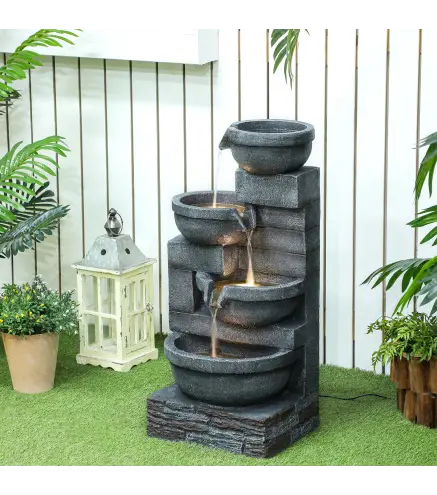 Fuente de Jardín con Iluminación LED Fuente Decorativa en Cascada de 4 Niveles 38x35x78,5 cm Gris