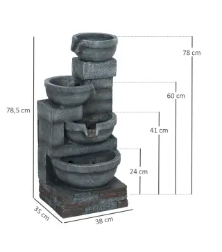 Fuente de Jardín con Iluminación LED Fuente Decorativa en Cascada de 4 Niveles 38x35x78,5 cm Gris