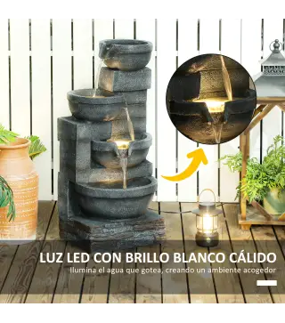 Fuente de Jardín con Iluminación LED Fuente Decorativa en Cascada de 4 Niveles 38x35x78,5 cm Gris