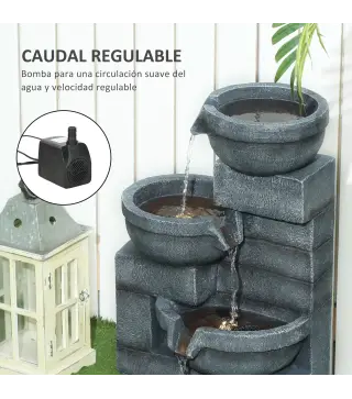 Fuente de Jardín con Iluminación LED Fuente Decorativa en Cascada de 4 Niveles 38x35x78,5 cm Gris