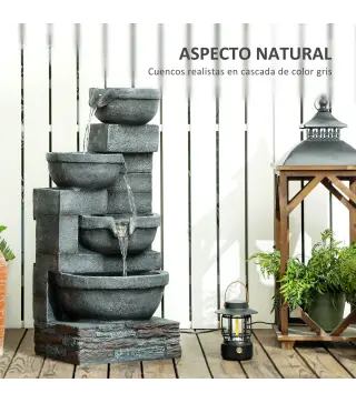 Fuente de Jardín con Iluminación LED Fuente Decorativa en Cascada de 4 Niveles 38x35x78,5 cm Gris
