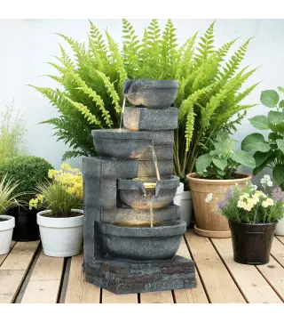 Fuente de Jardín con Iluminación LED Fuente Decorativa en Cascada de 4 Niveles 38x35x78,5 cm Gris